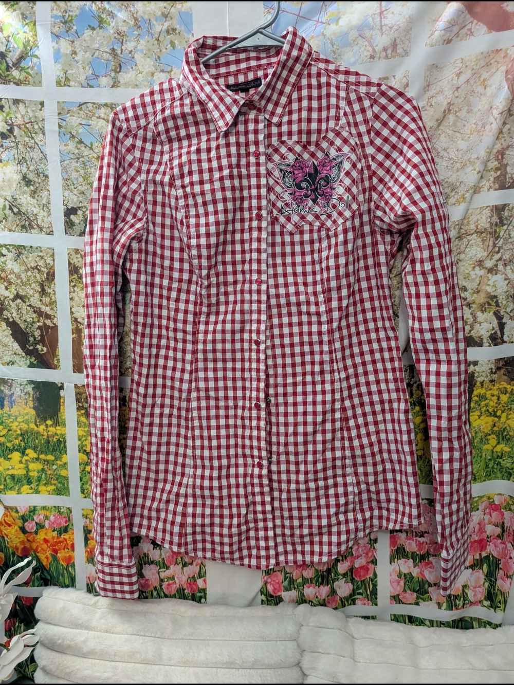 Affliction Women's Red Gingham Button-Down Shirt with Embroidered Chest